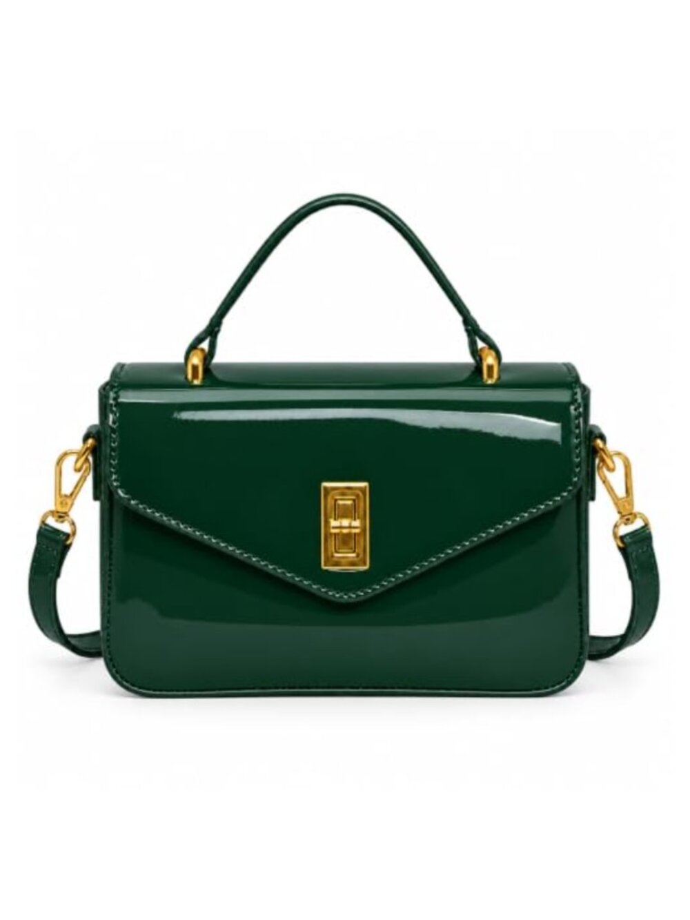 Glossy Patent Leather Crossbody Bag with Gold Twist Lock, Top Handle Satchel